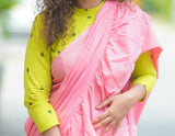 Pink mul cotton plain ruffles saree