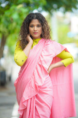 Pink mul cotton plain ruffles saree