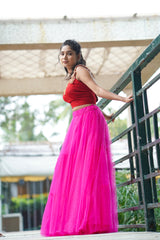 Maroon Pink Embroidery Pearl net Skirt & Blouse