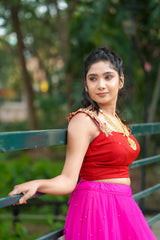 Maroon Pink Embroidery Pearl net Skirt & Blouse