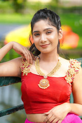 Maroon Pink Embroidery Pearl net Skirt & Blouse