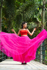 Maroon Pink Embroidery Pearl net Skirt & Blouse