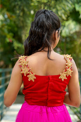 Maroon Pink Embroidery Pearl net Skirt & Blouse