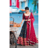 Marron & Black embroidery raw silk lehenga