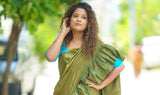 Mehndi Green mul cotton block printed ruffles saree