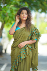 Mehndi Green mul cotton block printed ruffles saree