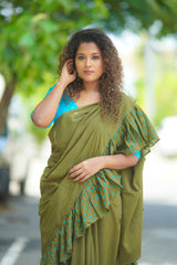 Mehndi Green mul cotton block printed ruffles saree