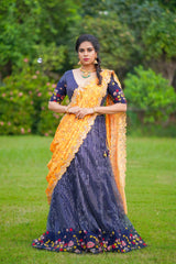 Navy Blue Yellow Sequins lehenga