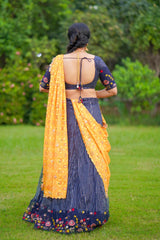 Navy Blue Yellow Sequins lehenga
