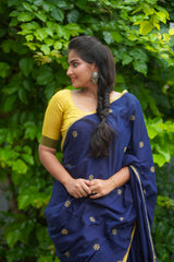 Navy Blue block printed mul cotton saree