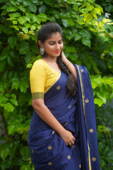 Navy Blue block printed mul cotton saree