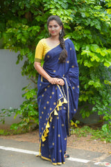 Navy Blue block printed mul cotton saree