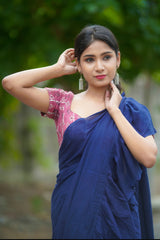 Navy Blue mul cotton plain ruffles saree