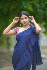 Navy Blue mul cotton plain ruffles saree