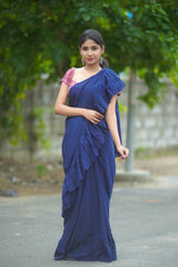 Navy Blue mul cotton plain ruffles saree