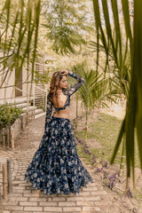 Navy blue floral organza lehenga