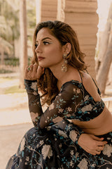 Navy blue floral organza lehenga