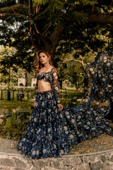 Navy blue floral organza lehenga