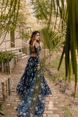 Navy blue floral organza lehenga