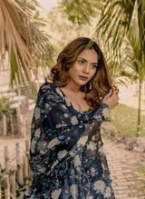 Navy blue floral organza lehenga