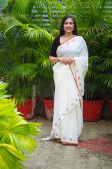 Off white & Brown mul cotton block printed saree
