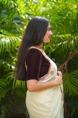 Off white & Brown mul cotton block printed saree