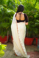 Off white & Brown mul cotton block printed saree