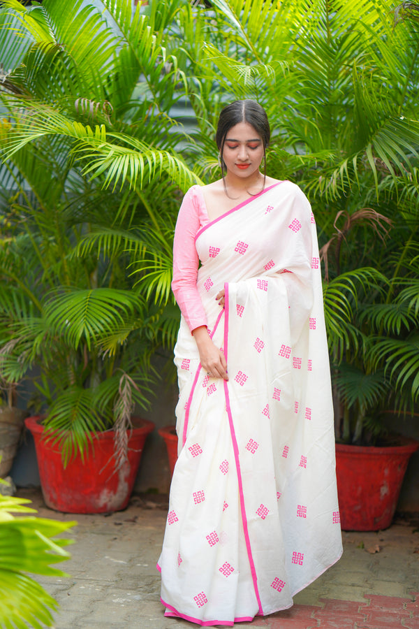 Off White and Pink mul cotton block printed saree