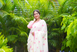 Off White and Pink mul cotton block printed saree