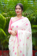 Off White and Pink mul cotton block printed saree