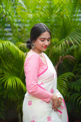 Off White and Pink mul cotton block printed saree