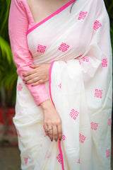 Off White and Pink mul cotton block printed saree