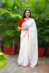 Off White and Red mul cotton block printed saree