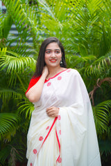 Off White and Red mul cotton block printed saree