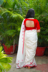 Off White and Red mul cotton block printed saree