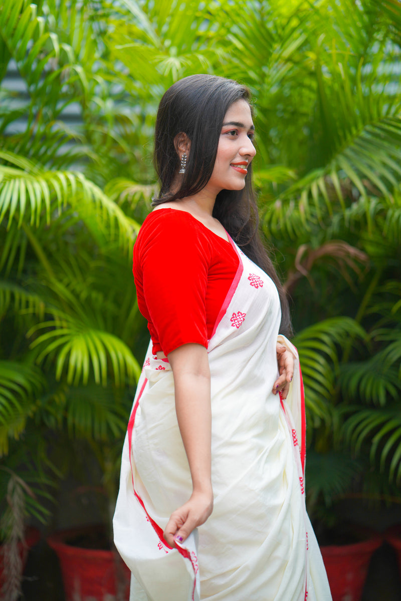Off White and Red mul cotton block printed saree