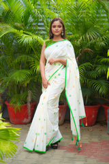 Off White mul cotton block printed saree