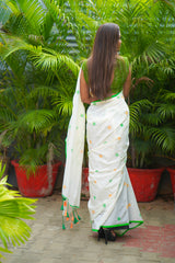Off White mul cotton block printed saree