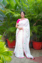 Off White mul cotton block printed saree