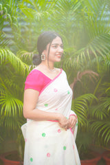 Off White mul cotton block printed saree