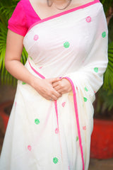 Off White mul cotton block printed saree