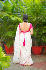 Off White mul cotton block printed saree