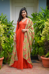 Orange Embroidery organza anarkali