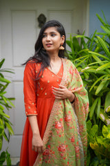 Orange Embroidery organza anarkali