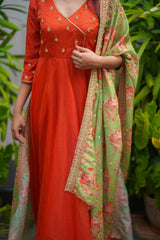 Orange Embroidery organza anarkali