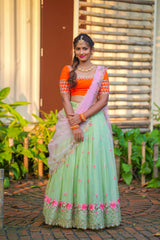Orange Green Embroidery Organza lehenga
