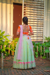 Orange Green Embroidery Organza lehenga