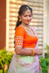 Orange Green Embroidery Organza lehenga