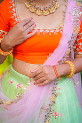 Orange Green Embroidery Organza lehenga