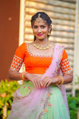 Orange Green Embroidery Organza lehenga